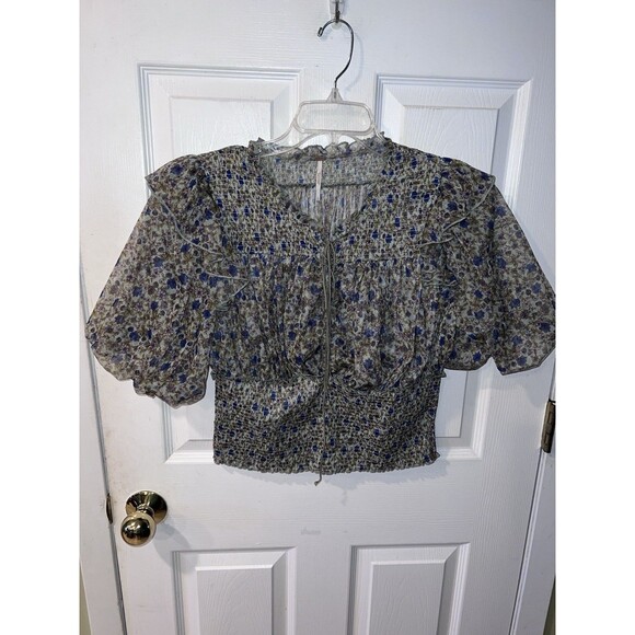 Free People Beatrice Top Womens L Floral Lace Smocked Lace Up Neckline Fairy - Picture 11 of 11
